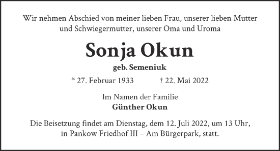 Traueranzeige von Sonja Okun von Berliner Zeitung