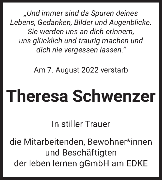 Traueranzeige von Theresa Schwenzer von Berliner Zeitung