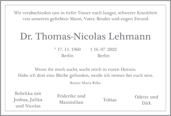 Traueranzeige von Thomas-Nicolas Lehmann von Berliner Zeitung