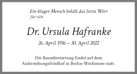 Traueranzeige von Ursula Hafranke von Berliner Zeitung