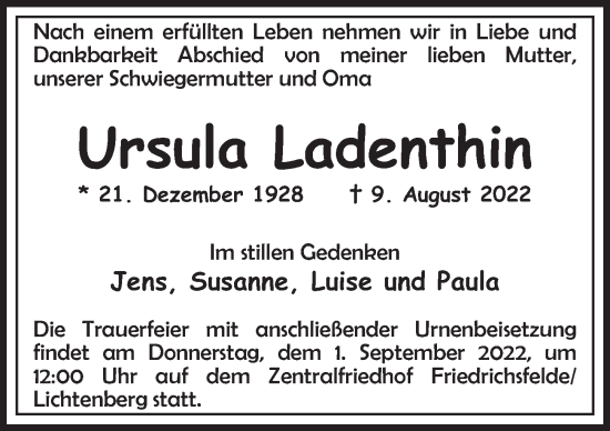 Traueranzeige von Ursula Ladenthin von Berliner Zeitung