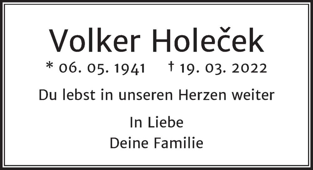  Traueranzeige für Volker Holecek vom 09.04.2022 aus Berliner Zeitung