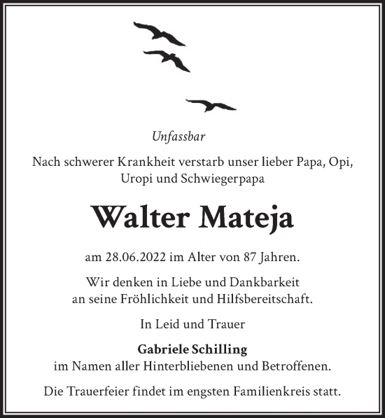 Traueranzeige von Walter Mateja von Berliner Zeitung