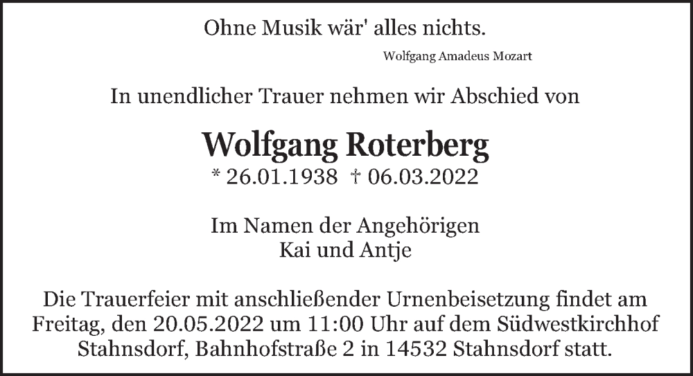  Traueranzeige für Wolfgang Roterberg vom 14.05.2022 aus Berliner Zeitung