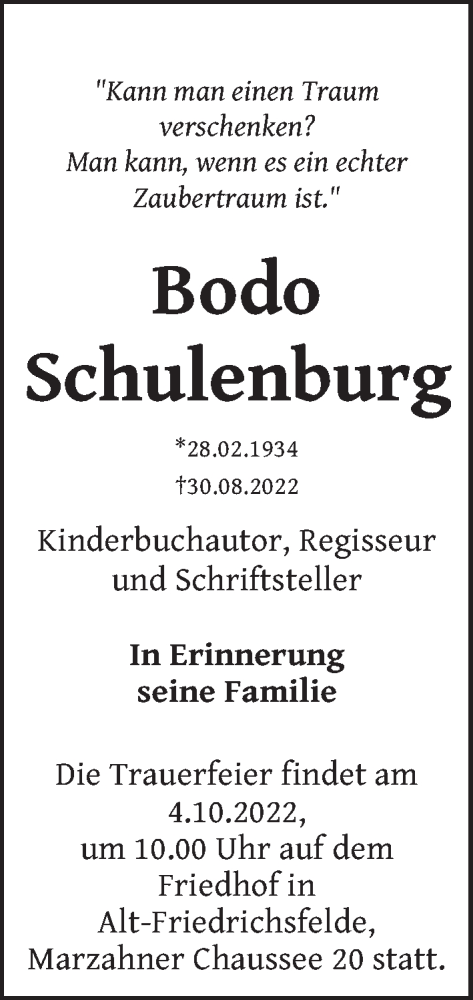 Traueranzeige von Bodo Schulenburg von Berliner Zeitung