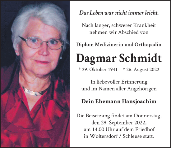 Traueranzeige von Dagmar Schmidt von Berliner Zeitung