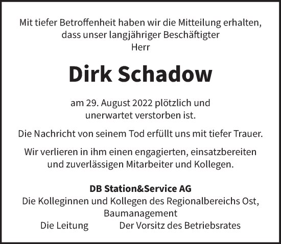 Traueranzeige von Dirk Schadow von Berliner Zeitung