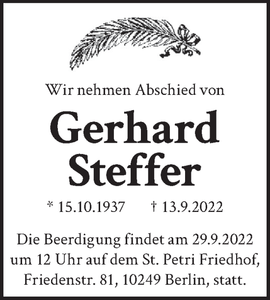 Traueranzeige von Gerhard Steffer von Berliner Zeitung