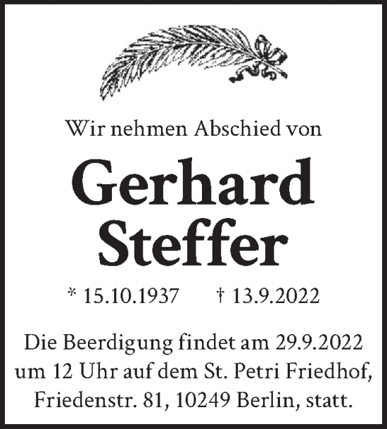 Traueranzeige von Gerhard Steffer von Berliner Kurier