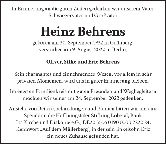 Traueranzeige von Heinz Behrens von Berliner Zeitung