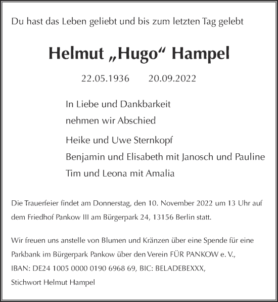 Traueranzeige von Helmut  Hampel von Berliner Zeitung