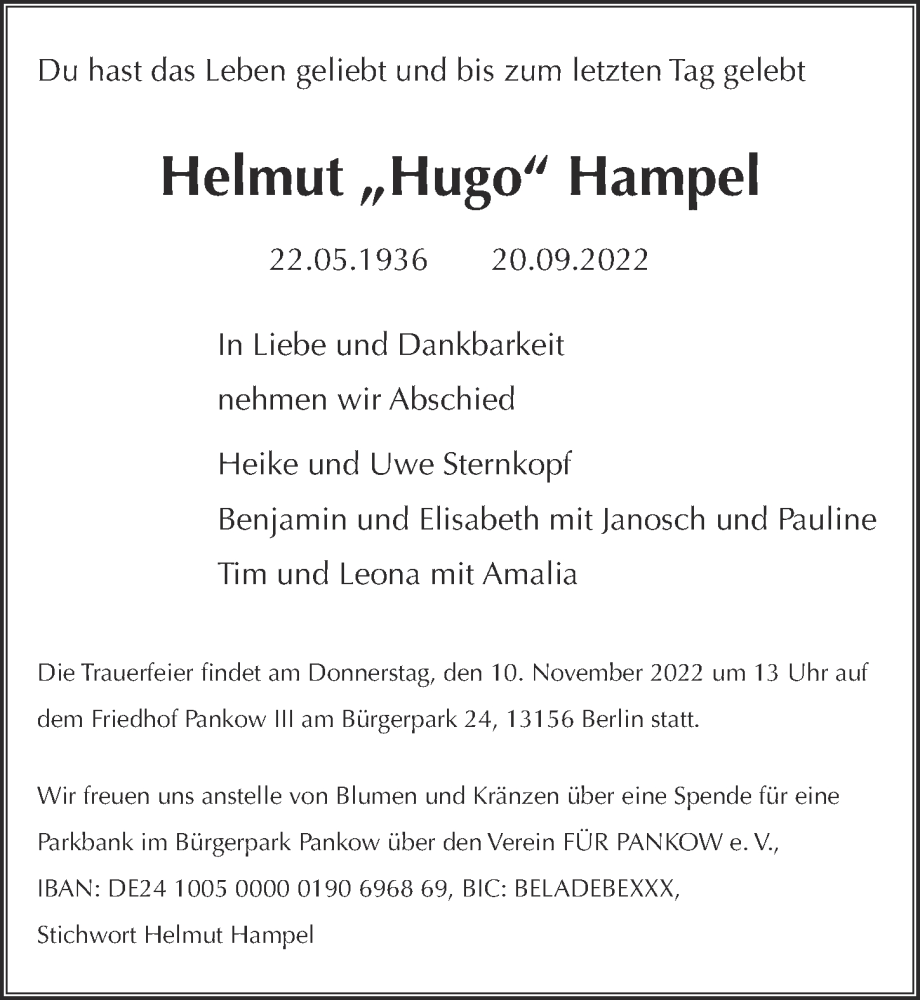  Traueranzeige für Helmut  Hampel vom 01.10.2022 aus Berliner Zeitung