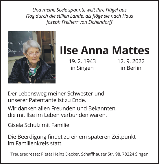 Traueranzeige von Ilse Anna Mattes von Berliner Zeitung