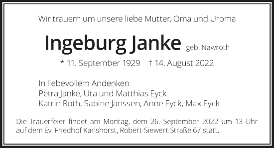 Traueranzeige von Ingeburg Janke von Berliner Zeitung