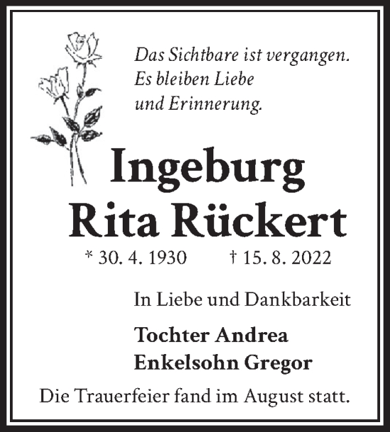 Traueranzeige von Ingeburg Rita Rückert von Berliner Zeitung