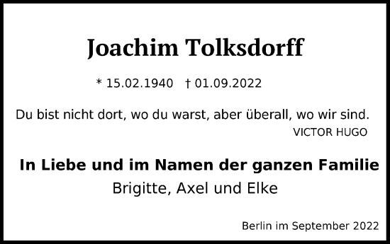 Traueranzeige von Joachim Tolksdorff von Berliner Zeitung