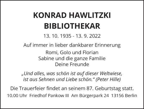 Traueranzeige von Konrad Hawlitzki von Berliner Zeitung