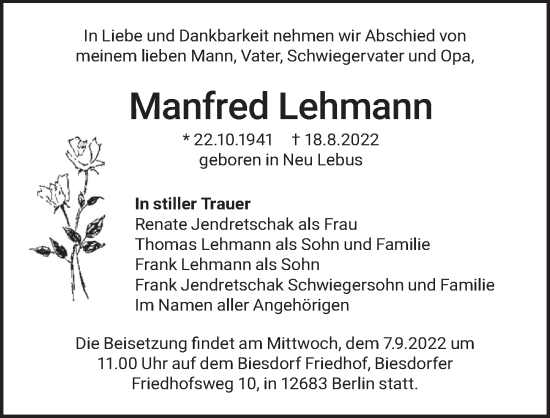 Traueranzeige von Manfred Lehmann von Berliner Zeitung, Berliner Kurier