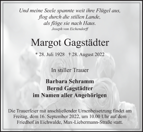 Traueranzeige von Margot Gagstädter von Berliner Zeitung