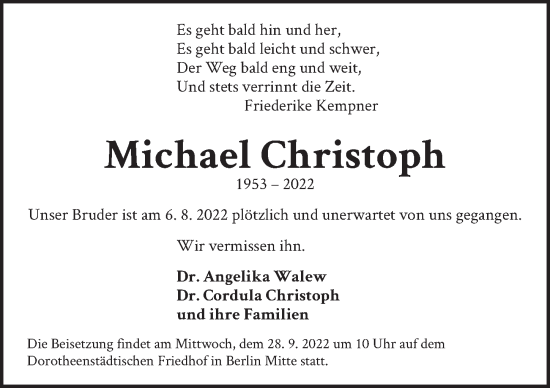 Traueranzeige von Michael Christoph von Berliner Zeitung