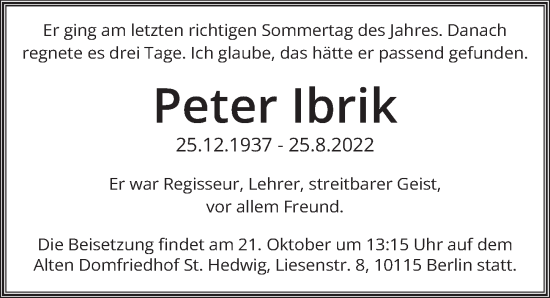 Traueranzeige von Peter Ibrik von Berliner Zeitung