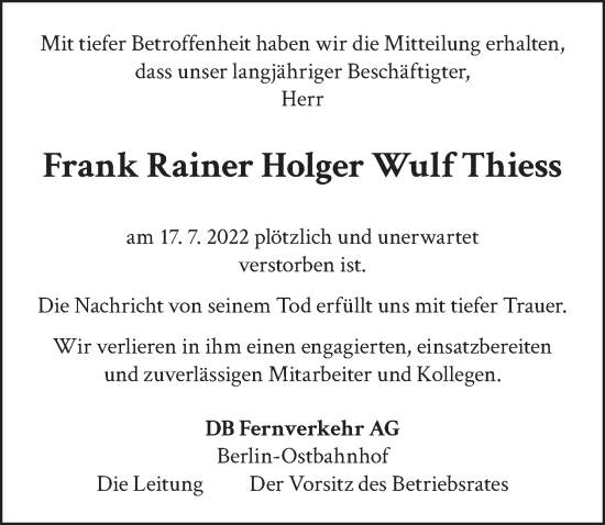 Traueranzeige von Rainer Holger Thiess von Berliner Zeitung