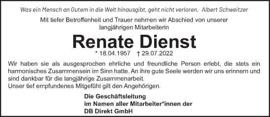 Traueranzeige von Renate Dienst von Berliner Zeitung