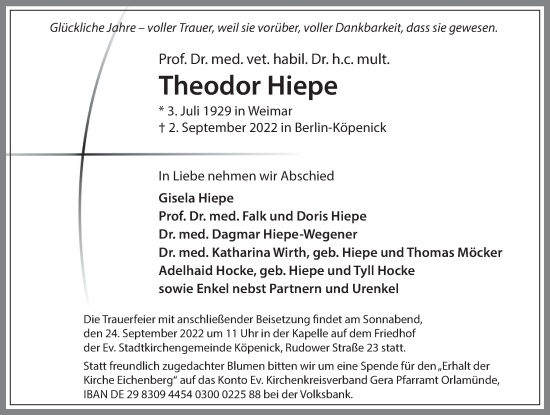 Traueranzeige von Theodor Hiepe von Berliner Zeitung