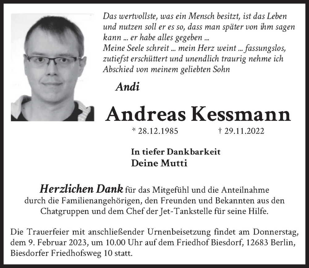  Traueranzeige für Andreas Kessmann vom 28.01.2023 aus Berliner Kurier