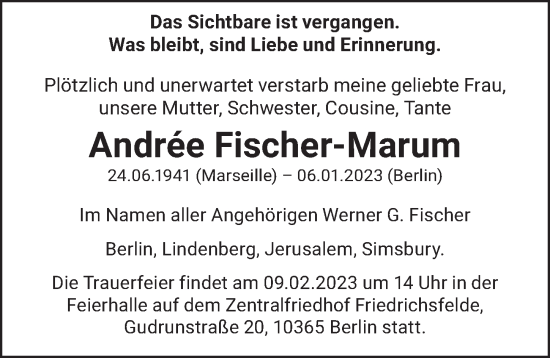 Traueranzeige von Andrée Fischer-Marum von Berliner Zeitung