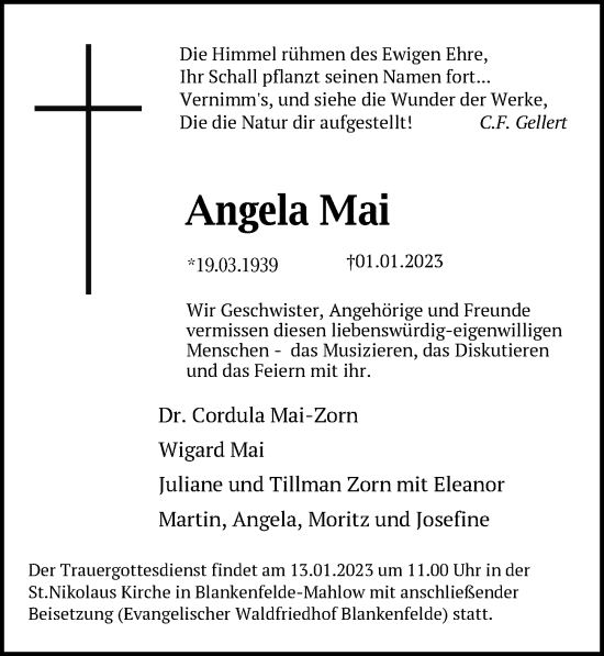 Traueranzeige von Angela Mai von Berliner Zeitung