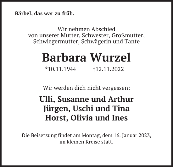 Traueranzeige von Barbara Wurzel von Berliner Zeitung