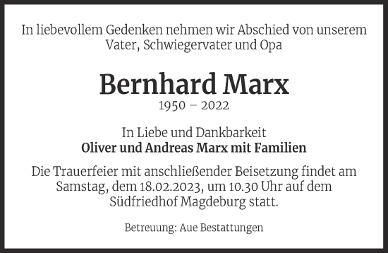 Traueranzeige von Bernhard Marx von Berliner Zeitung