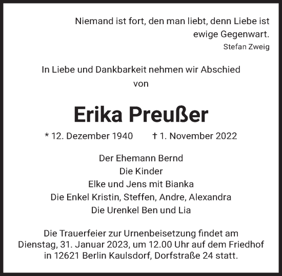 Traueranzeige von Erika Preußer von Berliner Zeitung