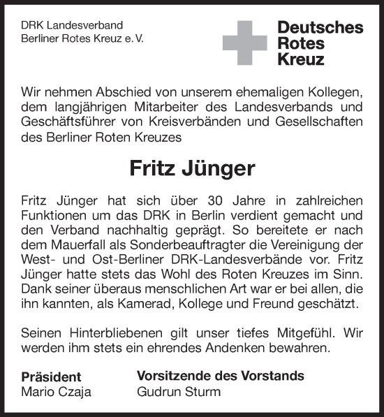 Traueranzeige von Fritz Jünger von Berliner Zeitung