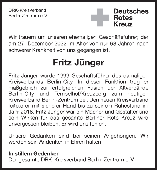 Traueranzeige von Fritz Jünger von Berliner Zeitung