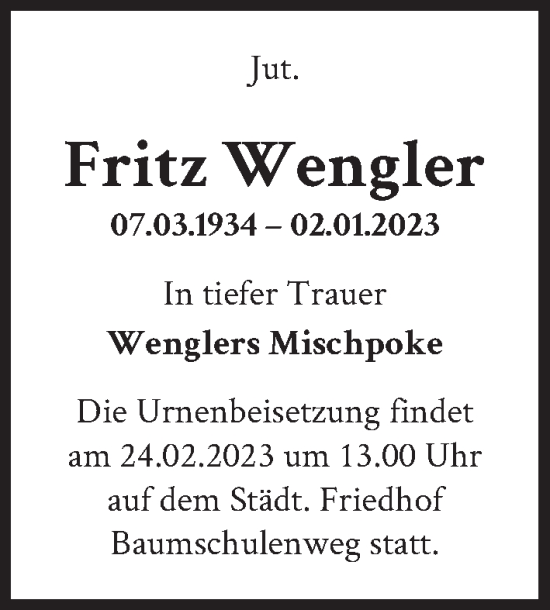 Traueranzeige von Fritz Wengler von Berliner Zeitung