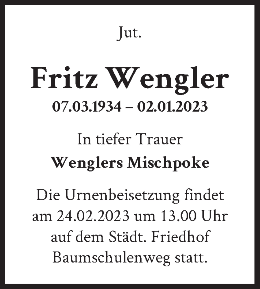  Traueranzeige für Fritz Wengler vom 11.02.2023 aus Berliner Zeitung