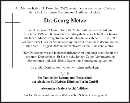 Traueranzeige von Georg Metze von Berliner Zeitung