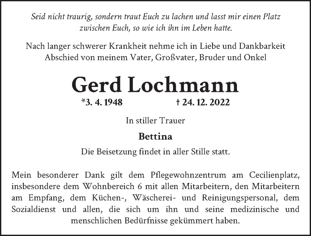 Traueranzeige für Gerd Lochmann vom 07.01.2023 aus Berliner Zeitung