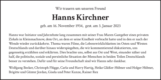Traueranzeige von Hanns Kirchner von Berliner Zeitung