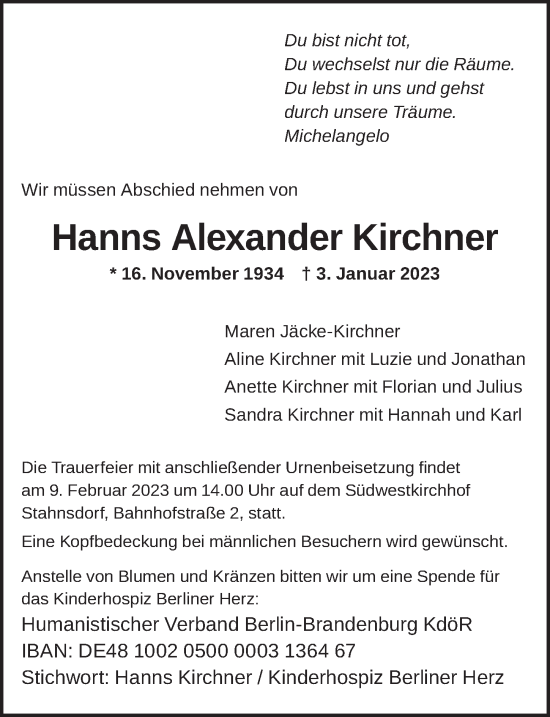 Traueranzeige von Hanns Alexander Kirchner von Berliner Zeitung