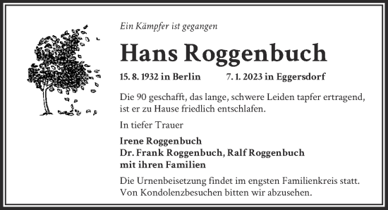 Traueranzeige von Hans Roggenbuch von Berliner Zeitung