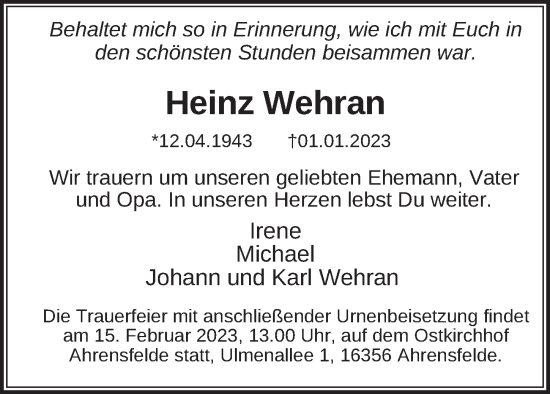 Traueranzeige von Heinz Wehran von Berliner Zeitung