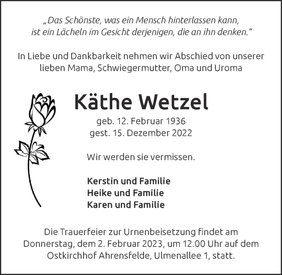 Traueranzeige von Käthe Wetzel von Berliner Zeitung