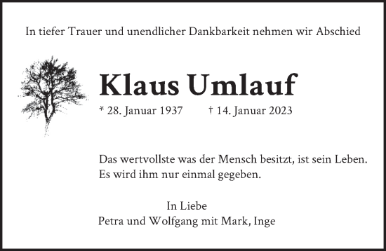 Traueranzeige von Klaus Umlauf von Berliner Zeitung