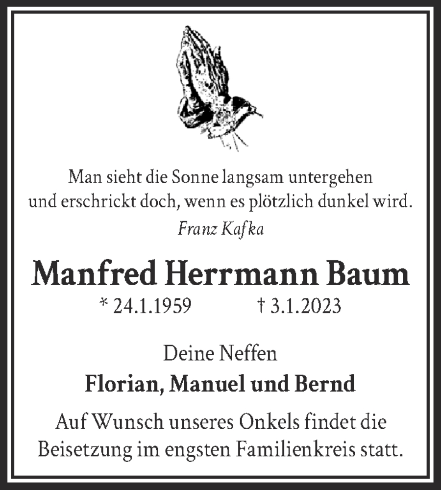  Traueranzeige für Manfred Herrmann Baum vom 21.01.2023 aus Berliner Kurier