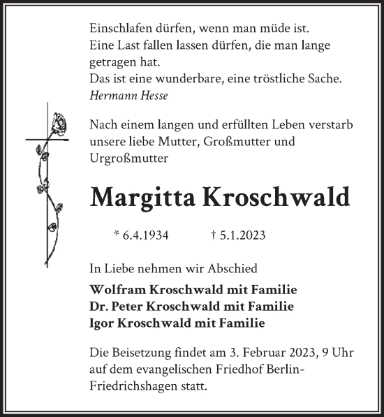 Traueranzeige von Margitta Kroschwald von Berliner Zeitung