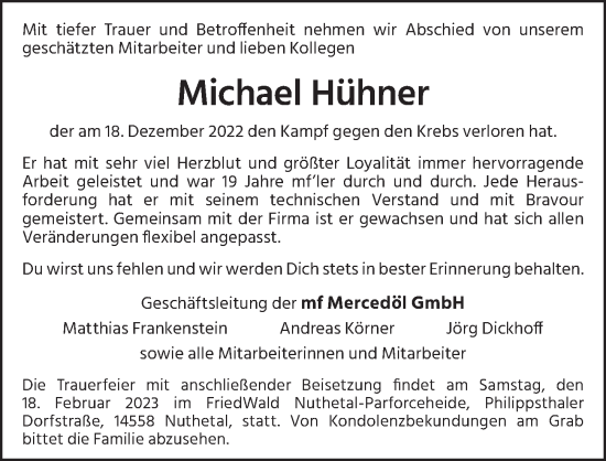 Traueranzeige von Michael Hühner von Berliner Zeitung