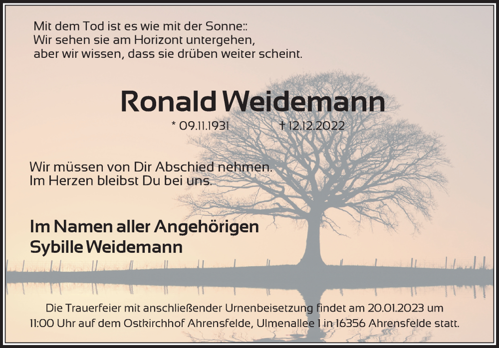  Traueranzeige für Ronald Weidemann vom 07.01.2023 aus Berliner Zeitung
